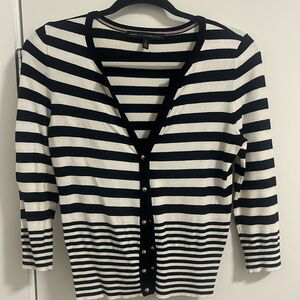 Cardigan sweater Black w white stripes 
WHBM Excellent condition
